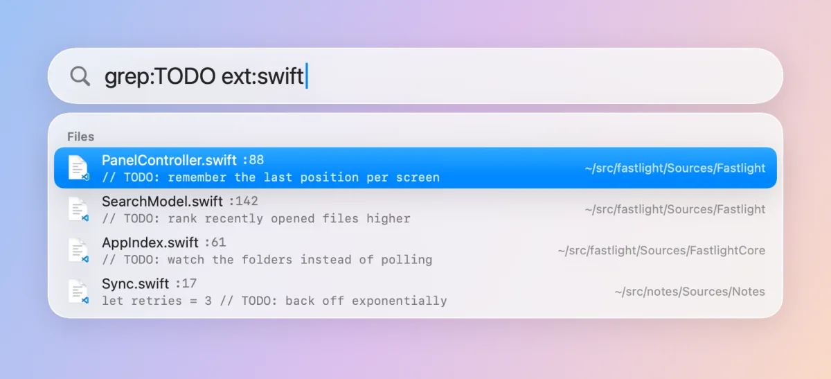 Results for “grep:TODO ext:swift”: four Swift files, each with the line number and the text of its TODO comment.