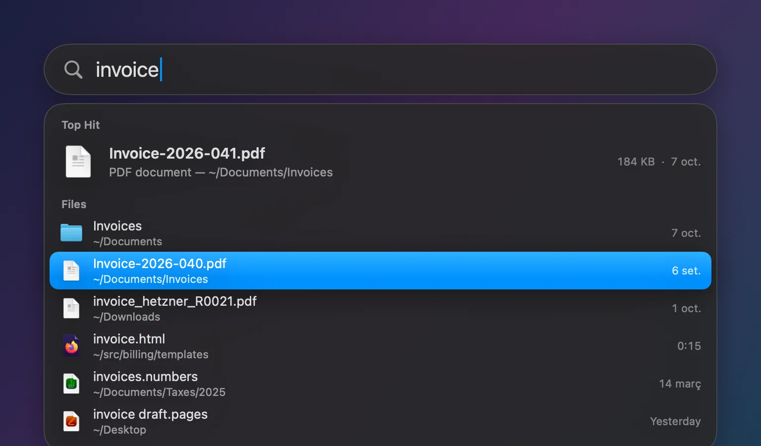 The Fastlight panel with the query “invoice”: Invoice-2026-041.pdf as the Top Hit, followed by an Invoices folder and more invoice PDFs, spreadsheets and pages documents.