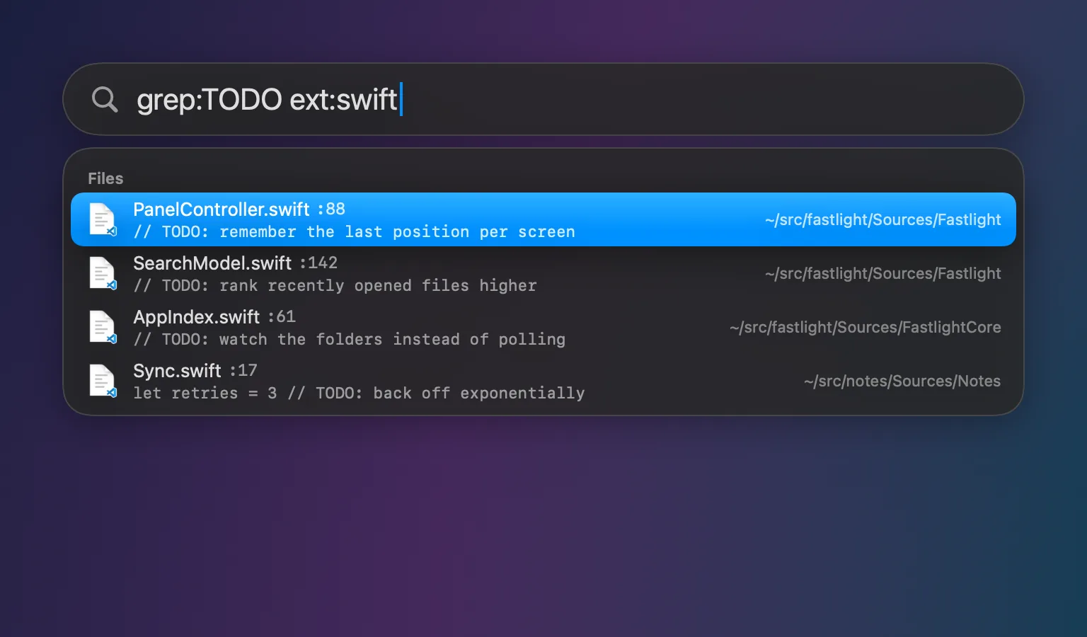 The Fastlight panel with the query “grep:TODO ext:swift”: Swift files listed with the line number and text of each TODO comment.